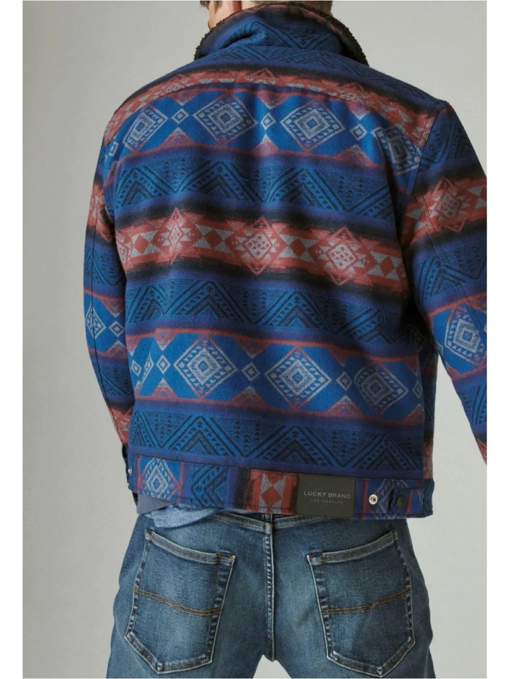 Lucky Brand Men’s Stripe Sherpa Lined Trucker Jacket Aztec Southwest Large